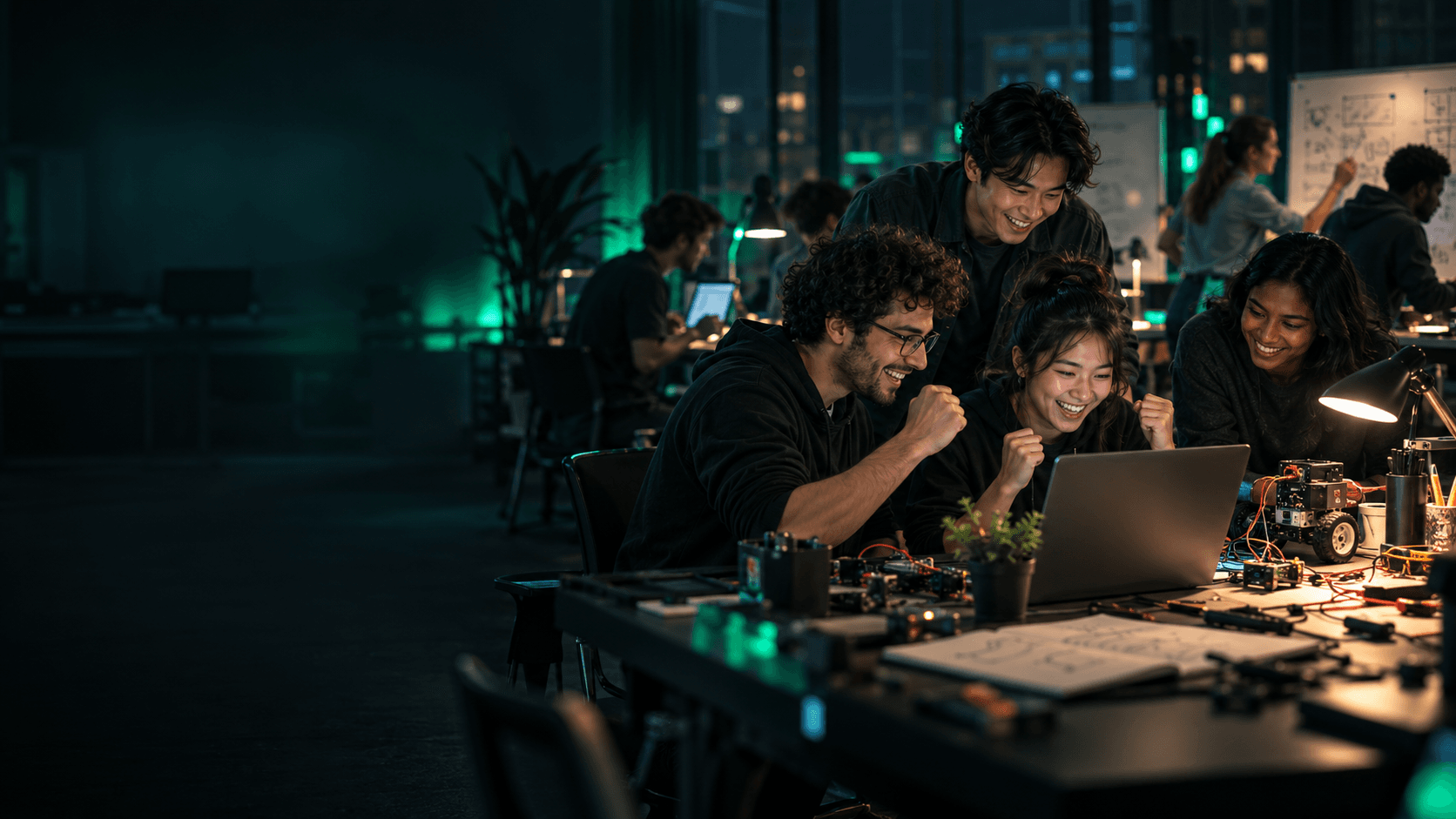Student builders collaborating at a nighttime hackathon
